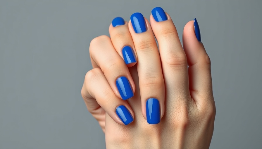Sapphire blue nail polish on well-manicured hands.