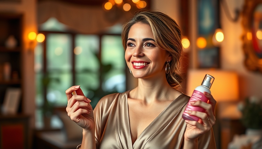 Smiling woman shares red carpet skincare secrets in elegant setting.