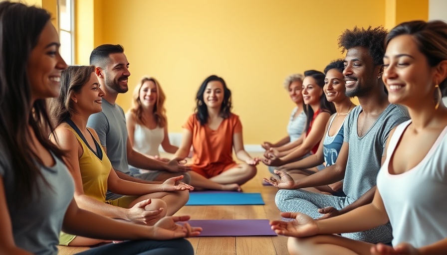 Group meditation session in a serene room with yellow walls and wooden floor.