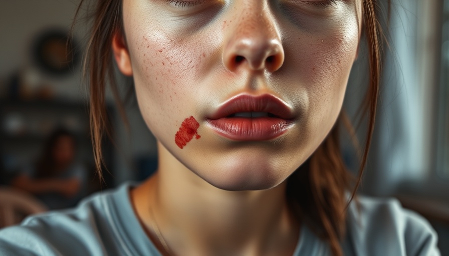 Young woman with a waxing burn on her upper lip, looking concerned.
