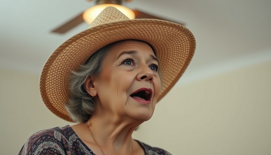 Middle-aged woman in straw hat speaking indoors with ceiling light.