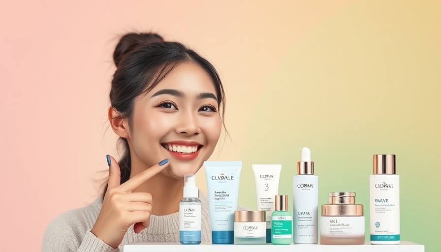 Engaging display of Korean skincare products with a smiling woman.
