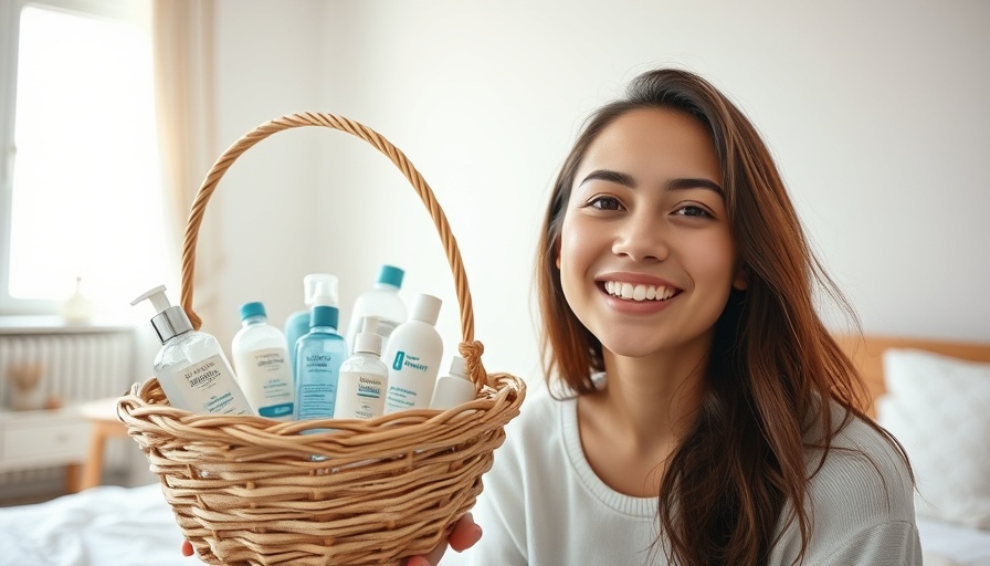Young woman discusses skincare empties beside a cartoon basket.