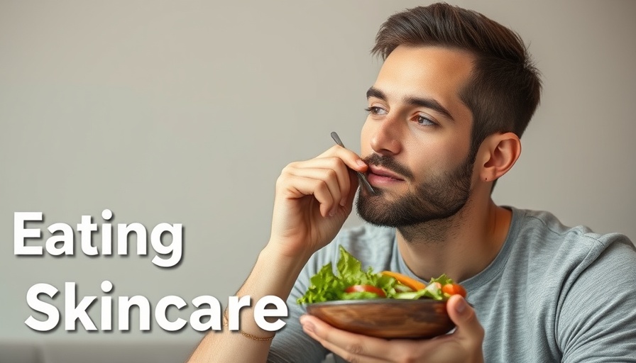 Young man eating salad with 'Eating Your Skincare' text overlay.