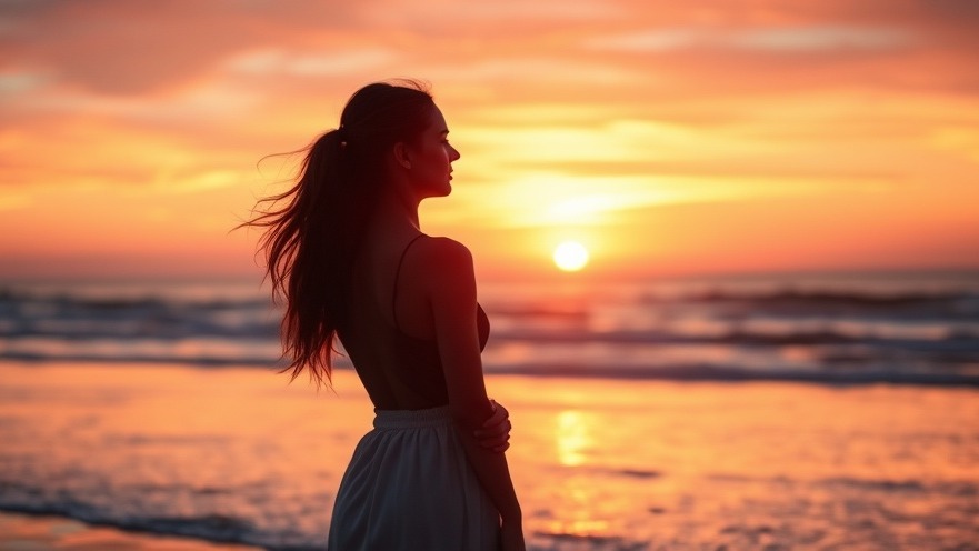 Silhouetted woman at sunset on the beach, inspired by summer perfumes and beach fragrances.