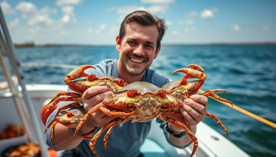 Man catching crabs in Louisiana on a boat under a clear blue sky.