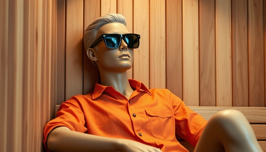 Mannequin in sunglasses and orange shirt relaxing in a sauna.