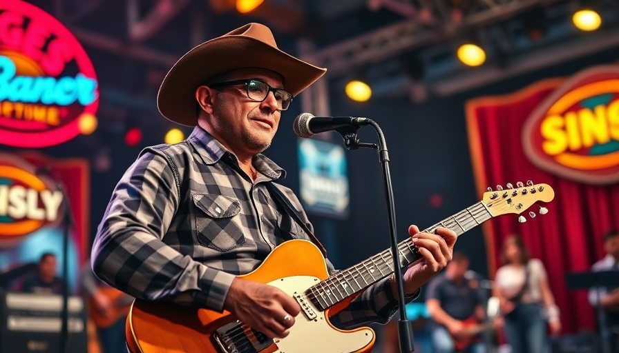 Musician on stage playing guitar with vibrant lighting.