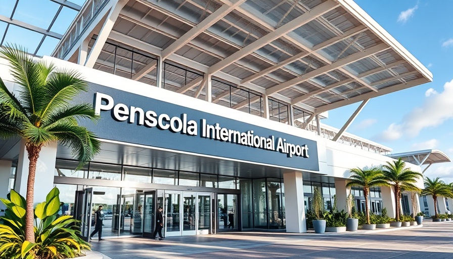 Modern entrance of Pensacola International Airport expansion with signage