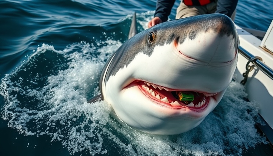 Great white shark tracking device attachment by a researcher on a boat.