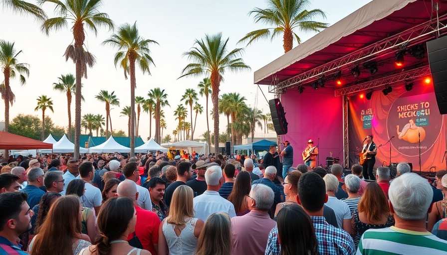 Outdoor concert at Gulf Coast Musicians Medical Fundraiser with lively crowd.