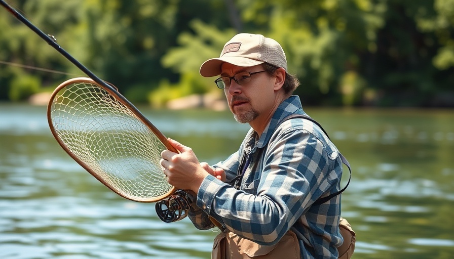 Angler catching shrimp with a net near a river, surrounded by greenery.