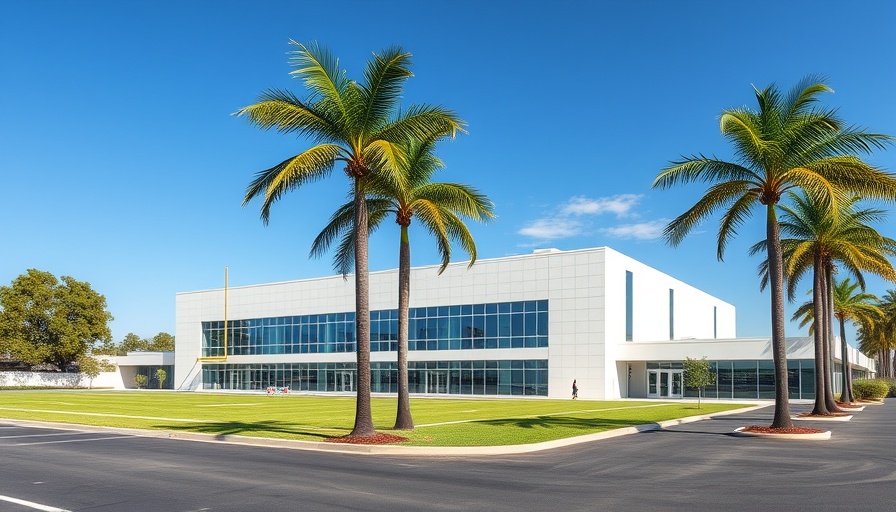 Orange Beach athletics center exterior view with palm trees.