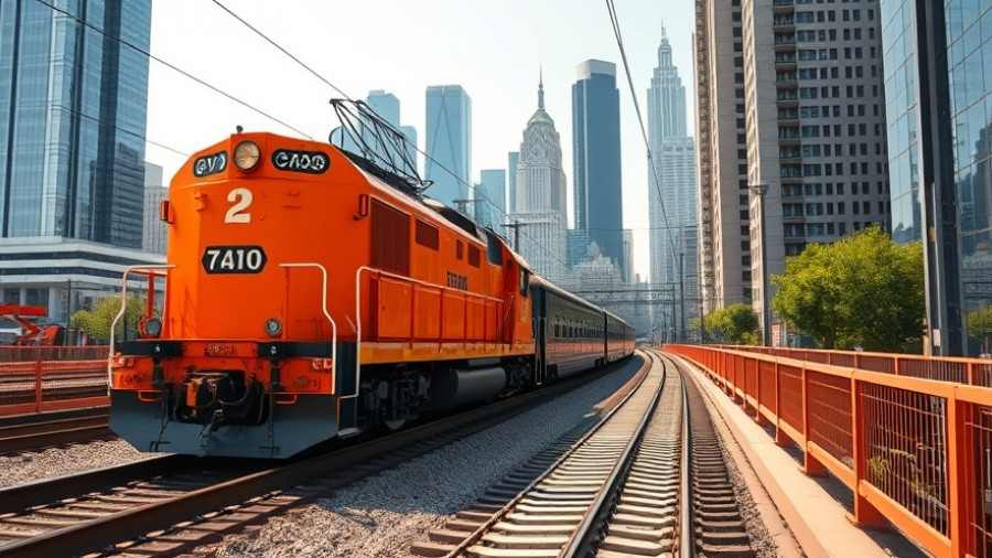 Train approaching city skyline, potential export opportunities for Kansans.