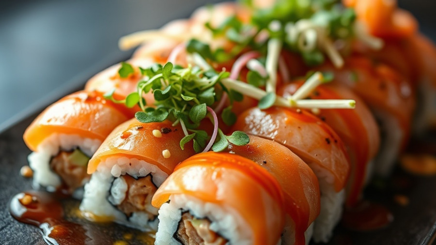 Intricate sushi dish presentation with vibrant garnishes.