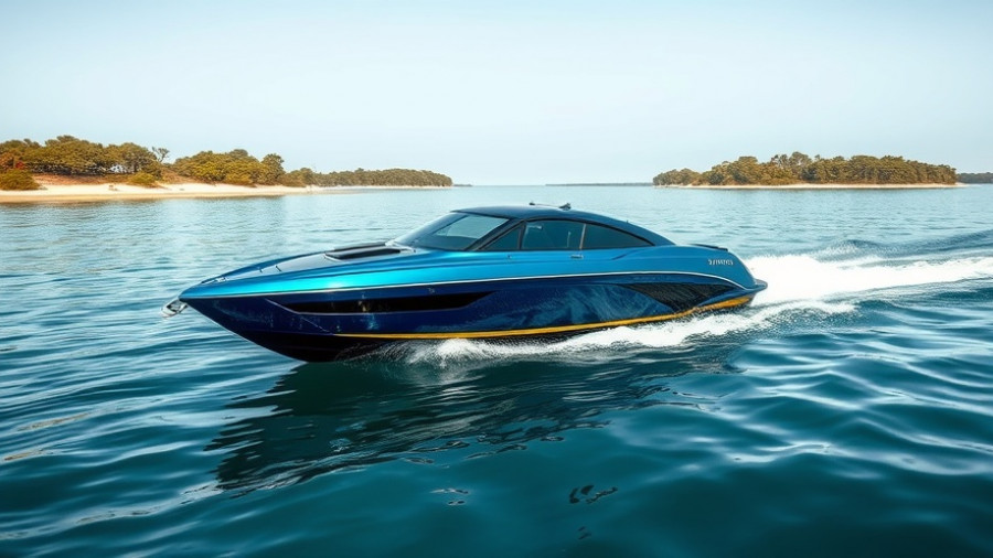 Boating in Venice Florida with a blue motorboat cruising near the shore.