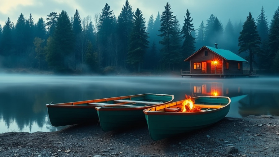 Lakeside boats and cabin at sunrise; serene fishing in Louisiana scene.