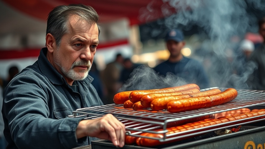 Grilling sausages at Elberta German Sausage Festival, smoky ambiance.