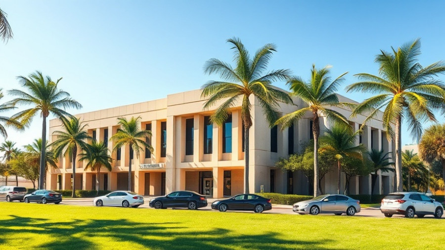 Gulf Pines Bypass city hall with palm trees and parked cars.