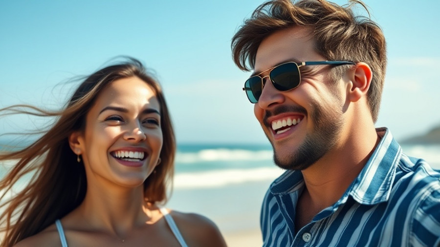 Smiling couple enjoying Alabama's coastal beach under sunny skies.