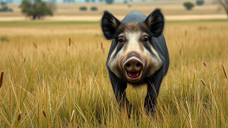 Invasive wild hogs charging in a grassy field, overcast day.