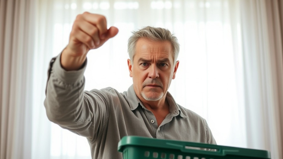 Frustrated man holding a basket on No Kings Day, indoors.