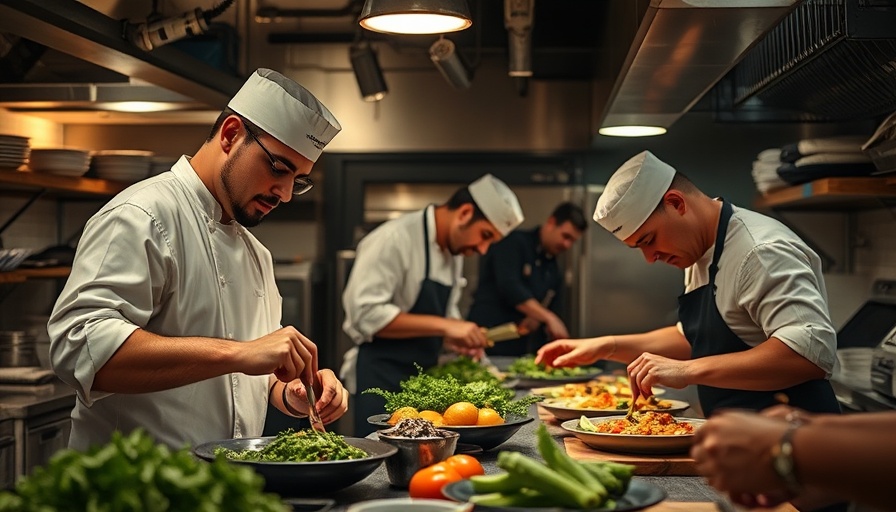 Chefs in New Orleans kitchen adapting to climate change with sustainable cooking.