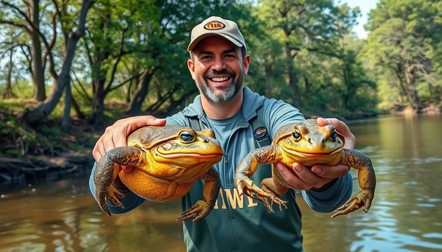 Man catching bullfrogs by the river, smiling with two bullfrogs.