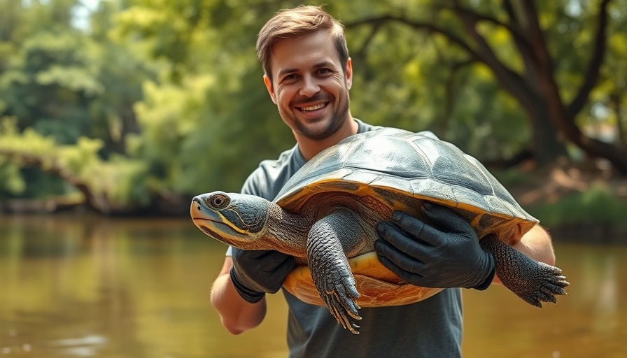 Man with gloves holding a softshell turtle by the river, softshell turtle fishing.