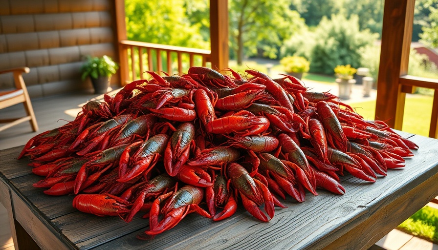 Freshly caught crawfish on a wooden table in a sunlit garden.