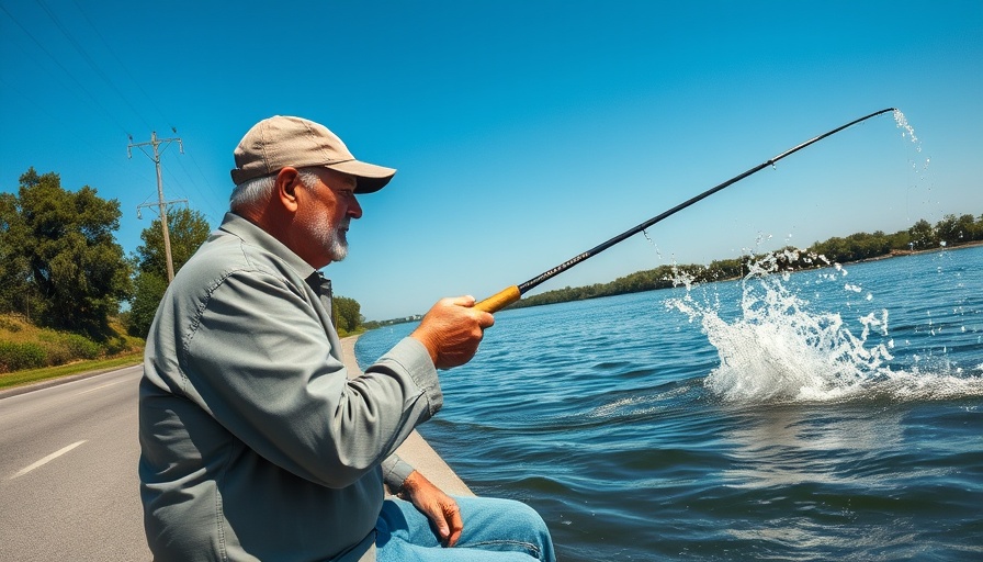 Man fishing on roadside for speckled trout by river.
