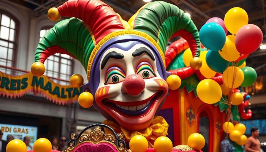 Vibrant Mardi Gras float with jester head and balloons.
