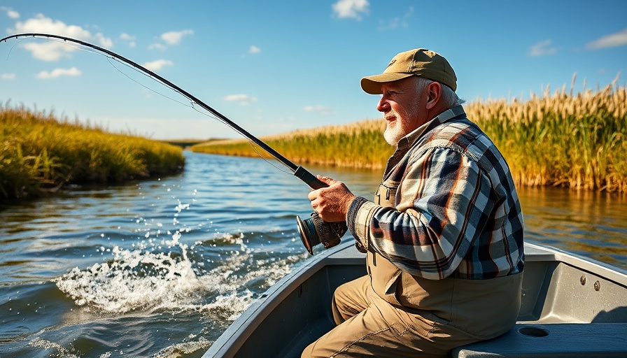 Man fishing in river, reeling in catch from boat.