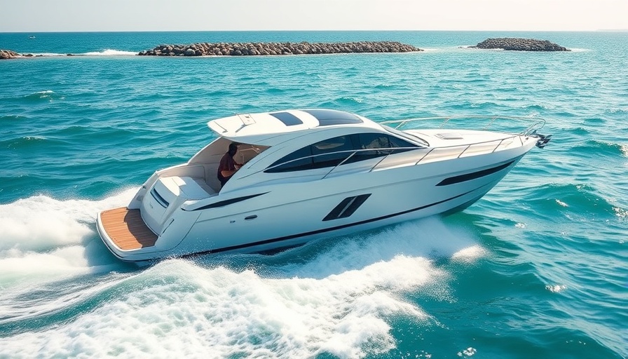 Boating Adventures in Venice Florida Inlet with a sleek motorboat navigating waves.