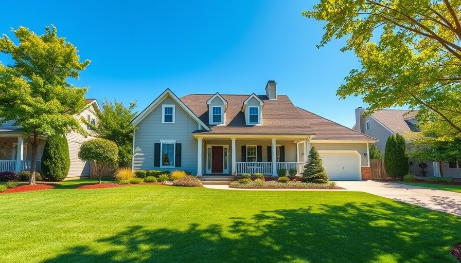 Charming suburban house with manicured lawn, sunny weather.