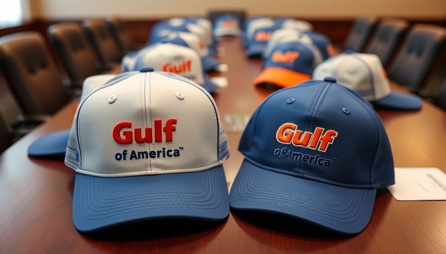 Gulf of America hats on table representing politics.