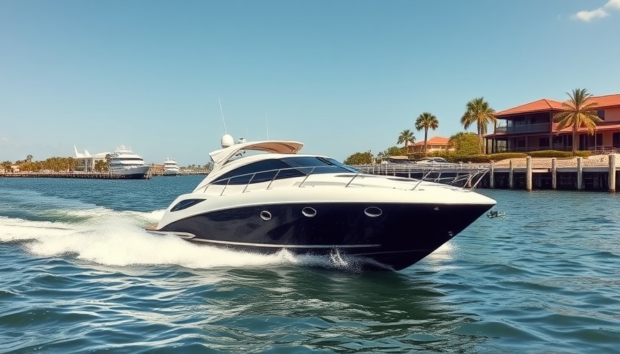 Motorboat cruising along Venice Florida Jetty with scenic coastal backdrop.