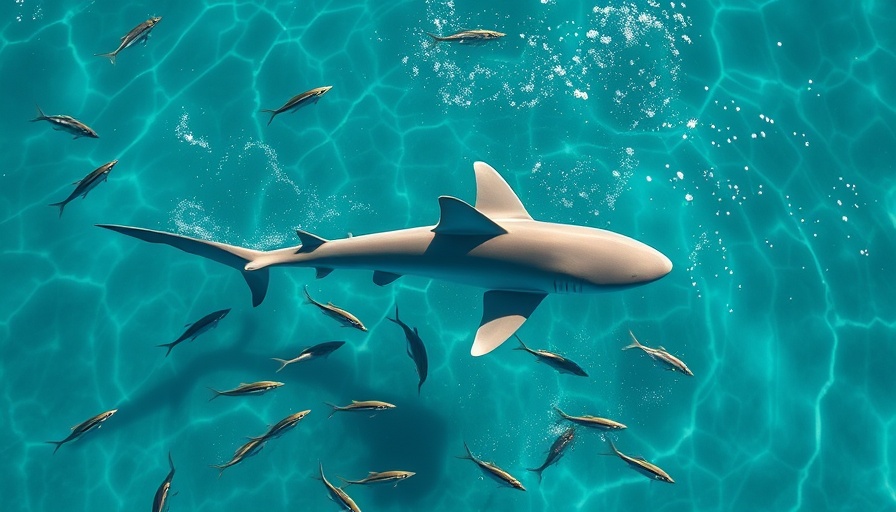 Overhead view of a shark pursued by fish in clear ocean water