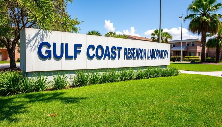 Sign of Gulf Coast Research Lab on green lawn, report whale shark sightings
