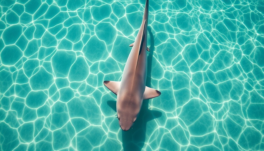 Aerial view of a shark swimming in clear, shallow ocean water.