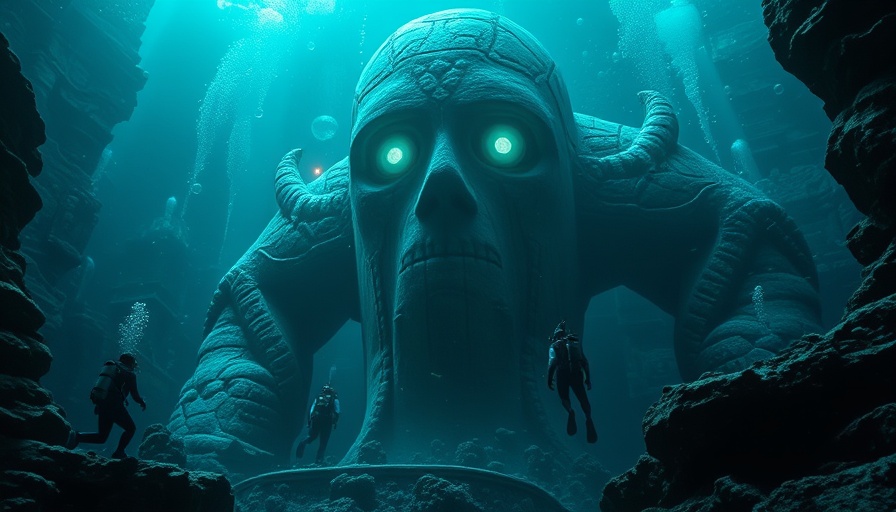 Diver explores sunken city with glowing-eyed statue underwater.