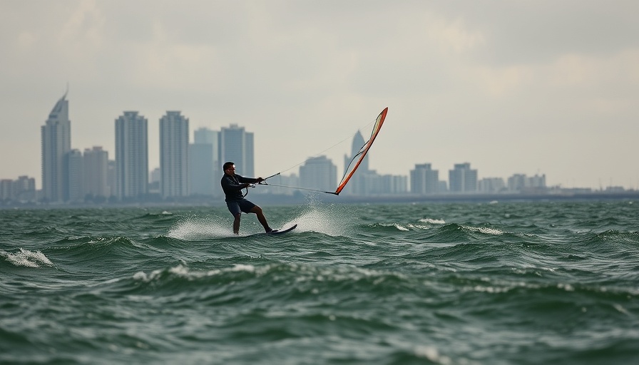 Windsurfing silhouette at City Island Park with skyline backdrop.