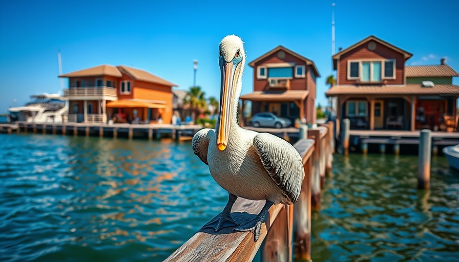 Pelican by waterfront in offbeat Gulf Coast town, vibrant scene.