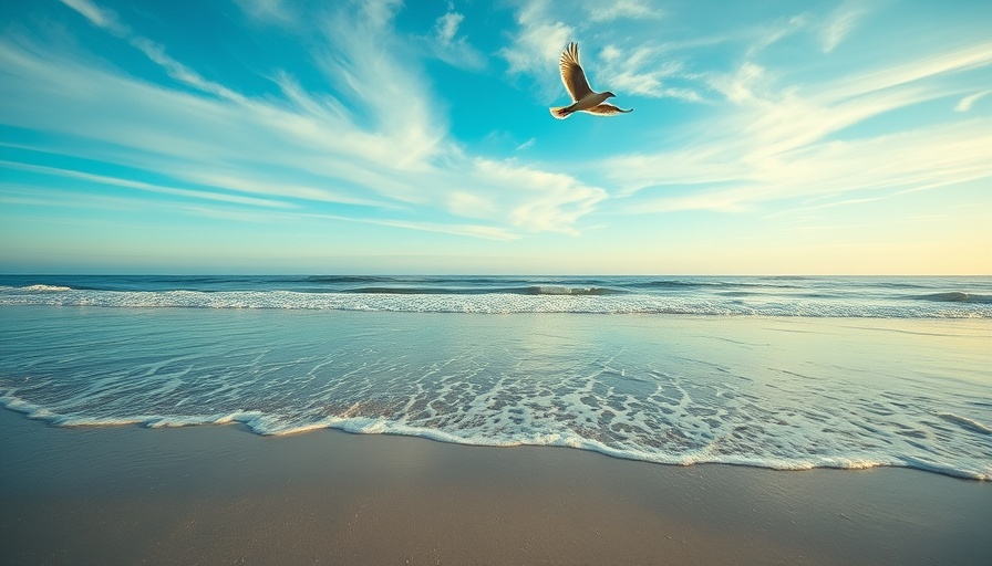 Serene Gulf Coast beach with gentle waves and soaring bird.