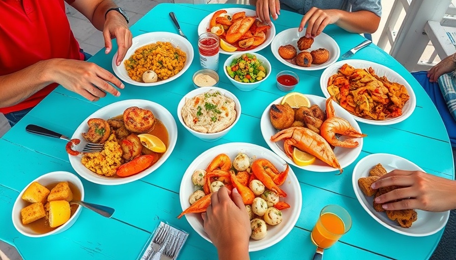 Colorful seafood meal on turquoise table in Gulf Shores.