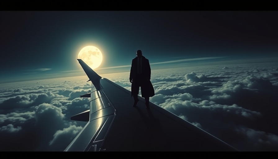 Cargo plane terrifying flight with silhouette figure and eerie full moon.
