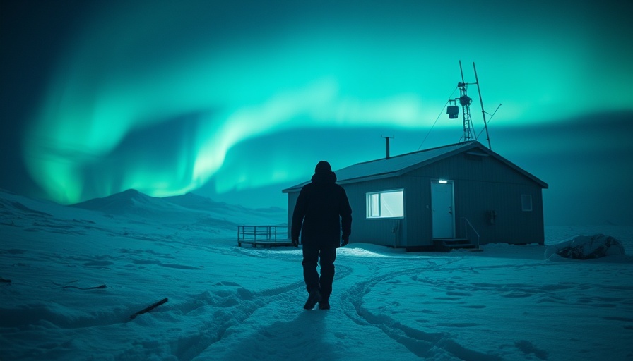 Explorer at secret Antarctic station under aurora borealis, Antarctica secrets
