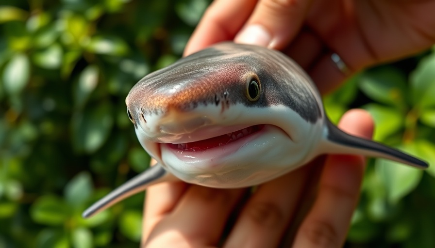Close-up of a baby bull shark being held, showing glossy skin.