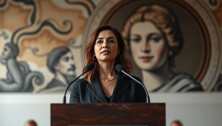 Confident woman addressing audience with a mural backdrop.