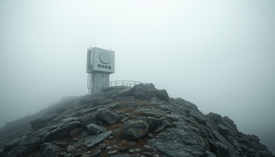 Abandoned radar station in Iceland on foggy rocky terrain.